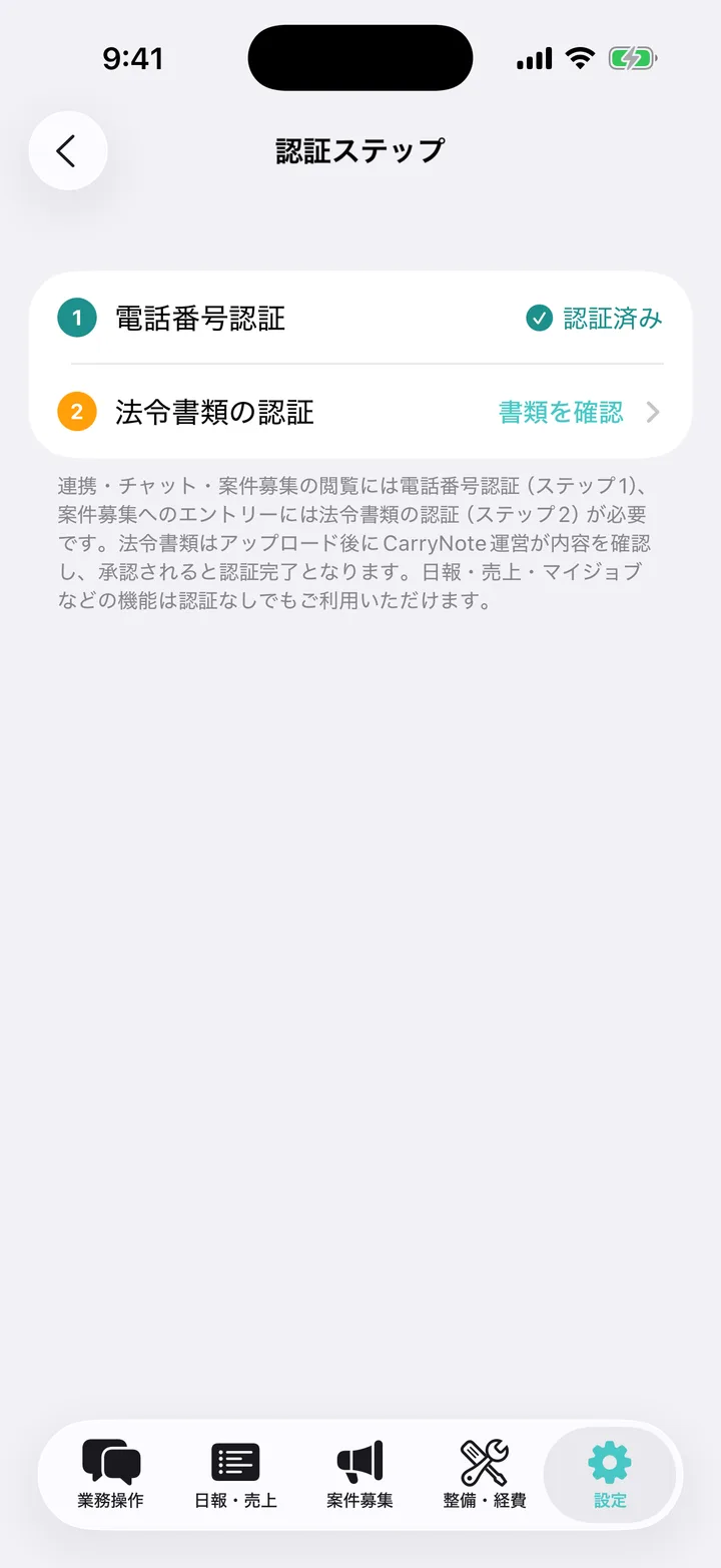 認証ステップの詳細。電話番号認証は認証済み、法令書類の認証には「書類を確認」が表示されている。