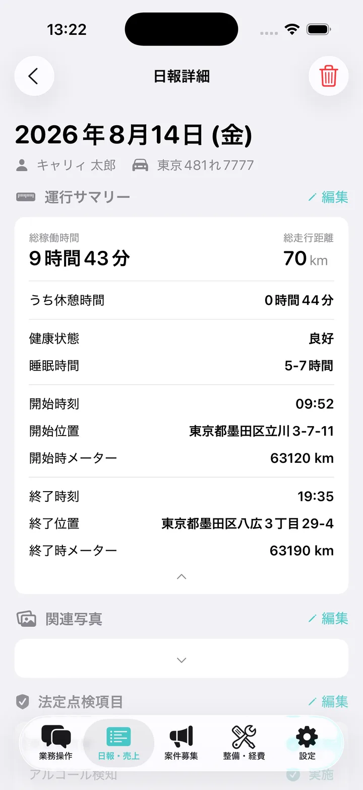 2026 年 8 月 14 日の日報詳細。運行サマリーに総稼働時間、距離、休憩、健康状態、開始と終了の記録が表示されている。