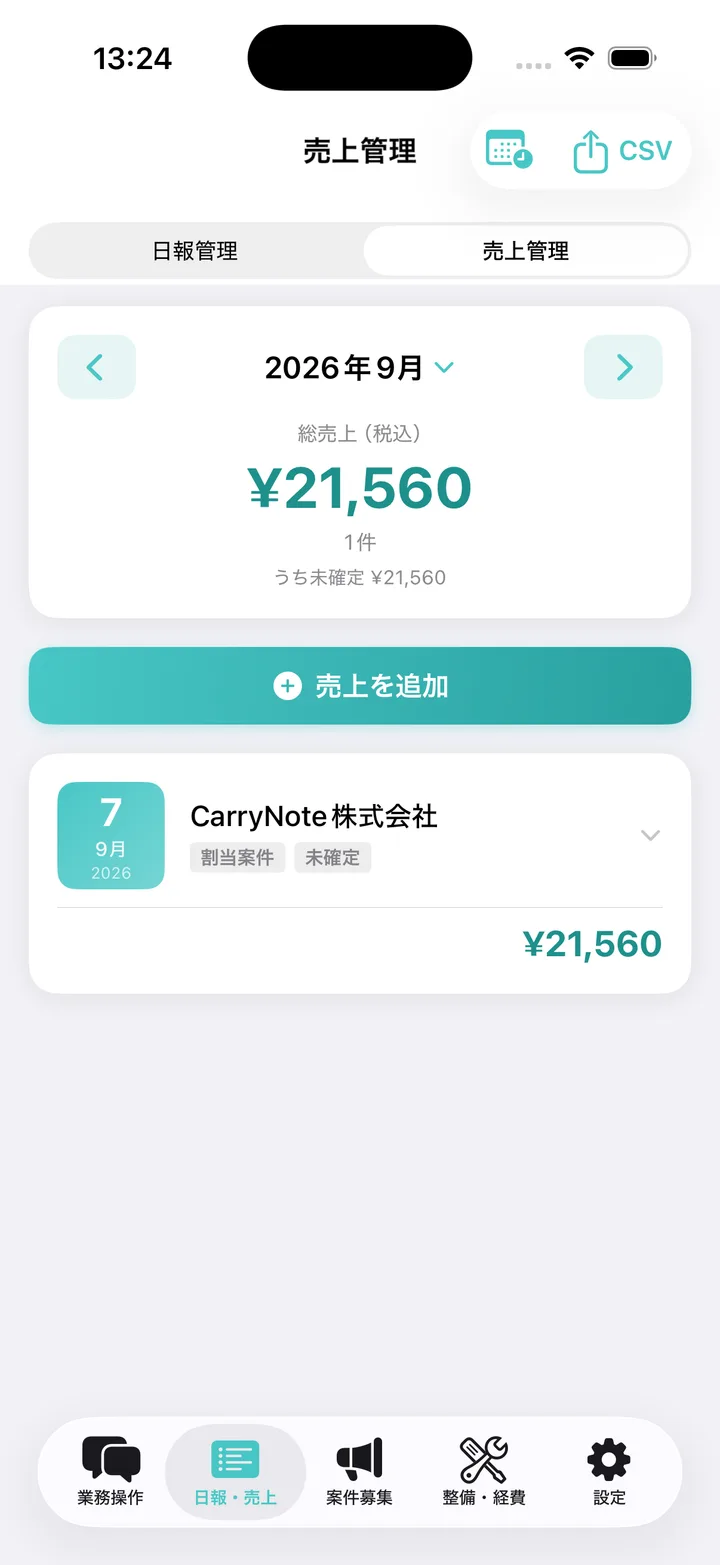 2026 年 9 月の売上管理。総売上 21,560 円、1 件、うち未確定 21,560 円と、未確定の割当案件が表示されている。